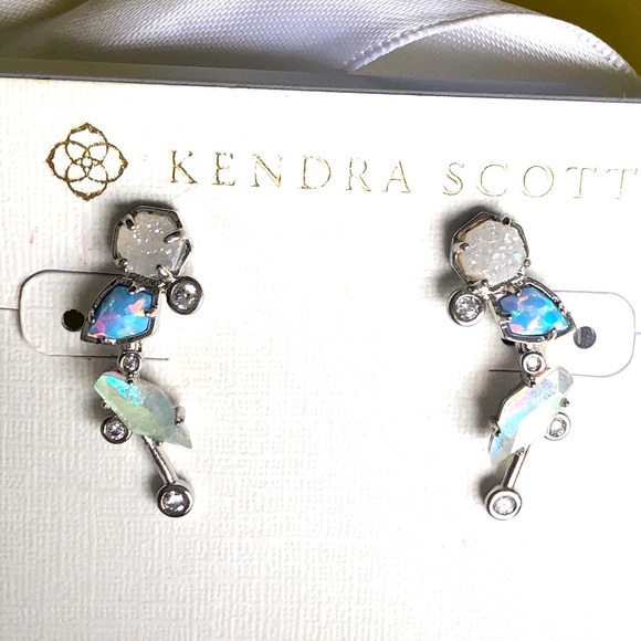 NWT RARE & Retired Kendra Scott Troian Ear Climbers Ice Blue Opal Dichroic Drusy - Picture 7 of 17